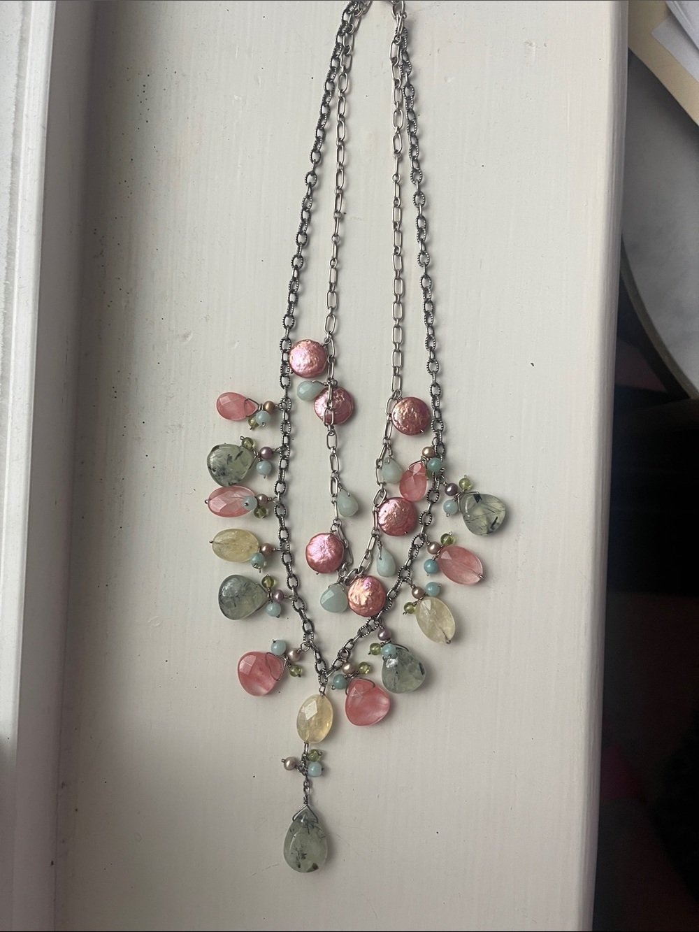 Multi-Color Drop Charm Necklace - Pink, Green & Cream